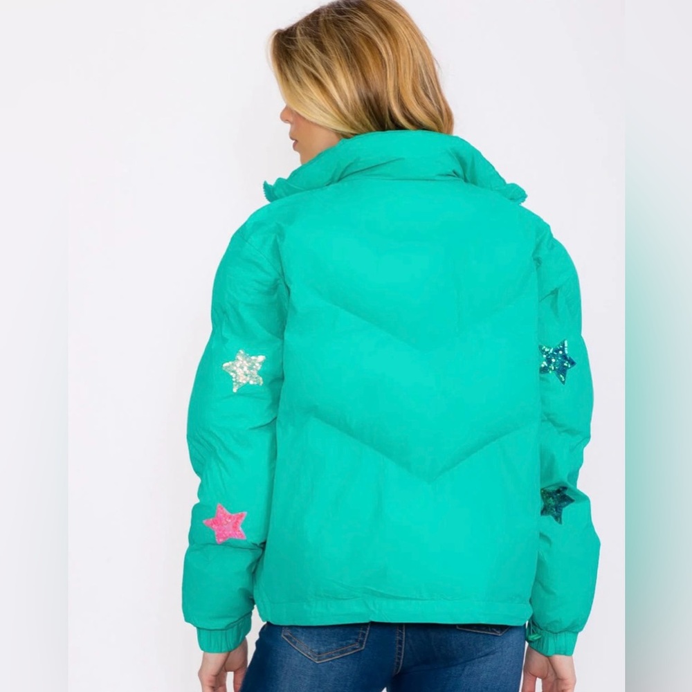 Teal Green Star Sequins Zip Up Puffer Jacket - Picture 5 of 13